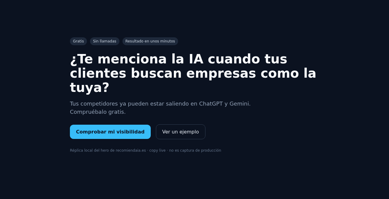 Hero de recomiendaia.es. Réplica local, copy live. No es captura de producción